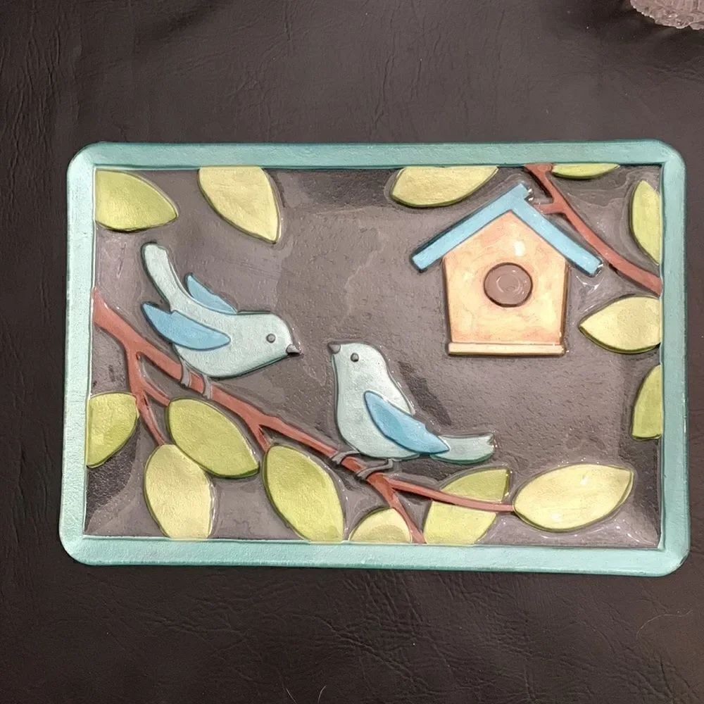 Blue Birds Glass Art 11 Inches X 16 Inches Heavy Metal Display Stand Included - Picture 3 of 9